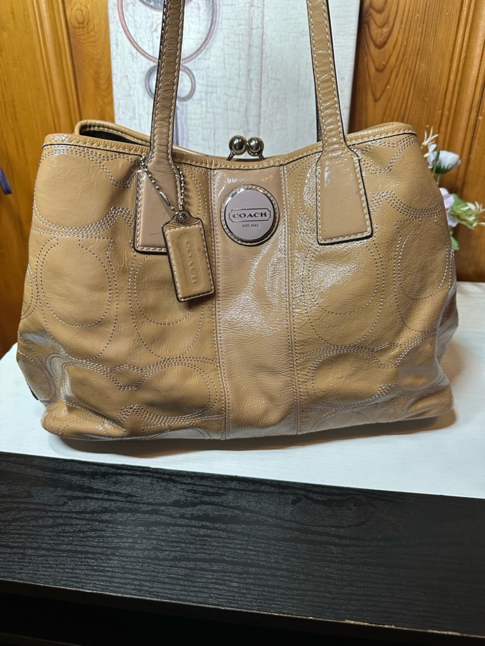 Coach Beige Patent Leather Tote with Signature Stitching - Picture 7 of 16